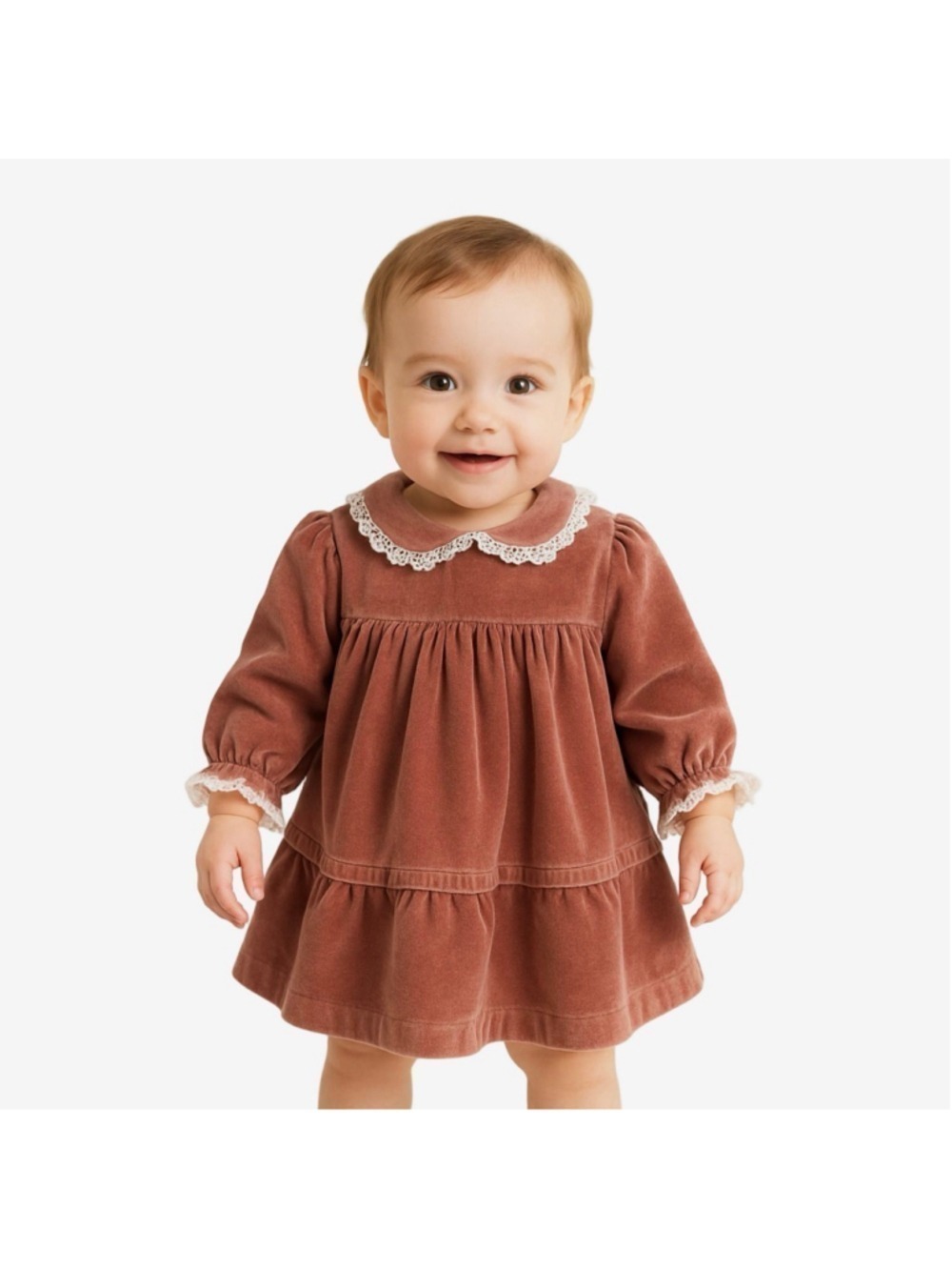 Vintage 80s Elen Henderson Baby Girl Velvet Dress 12M Lace Peter Pan Collar